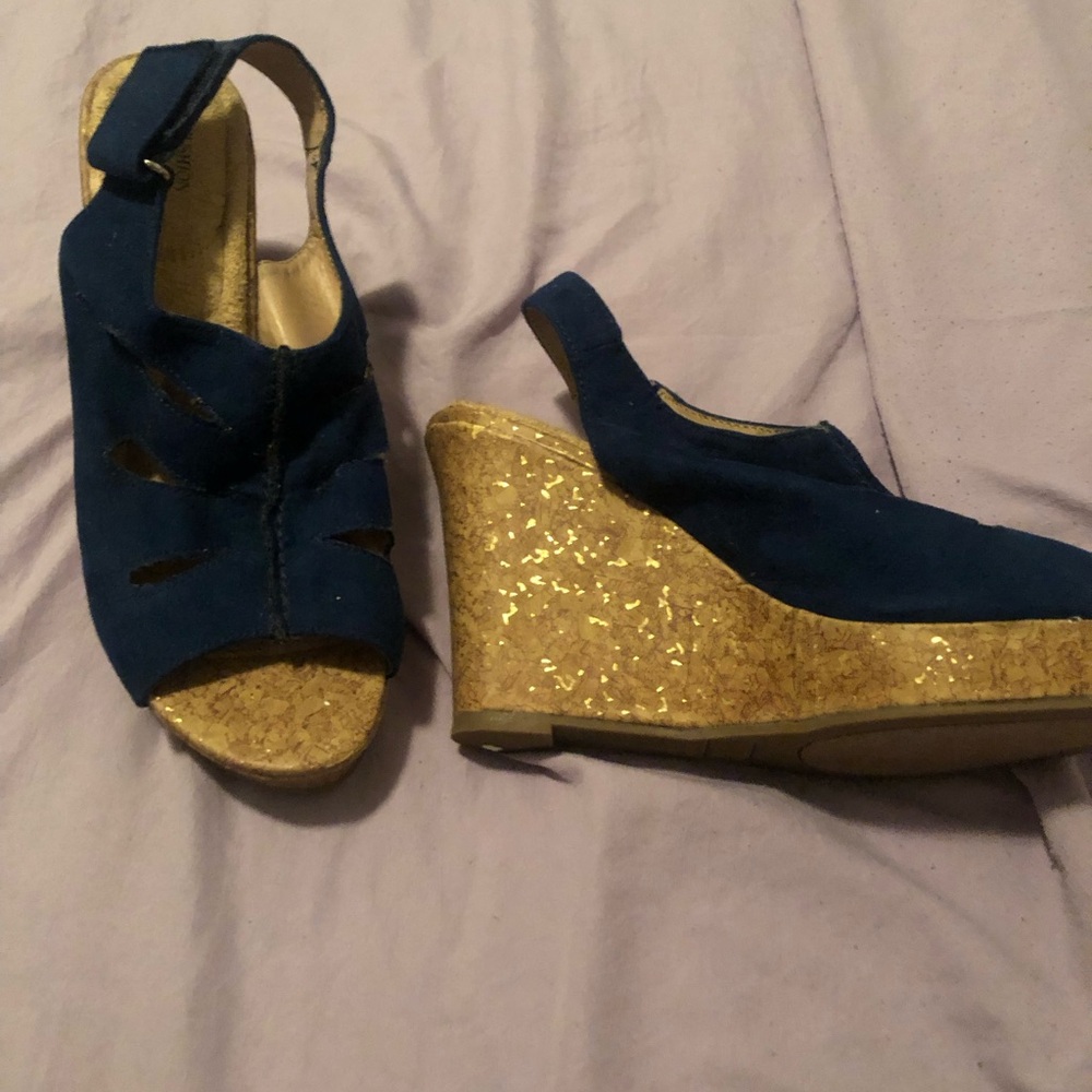 Women’s Blue Suede Wedge Sandals with Cork Platform